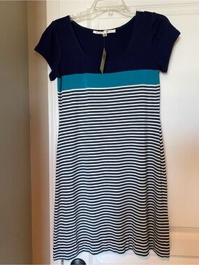 Max Studio Navy, White & Teal Striped Midi Dress